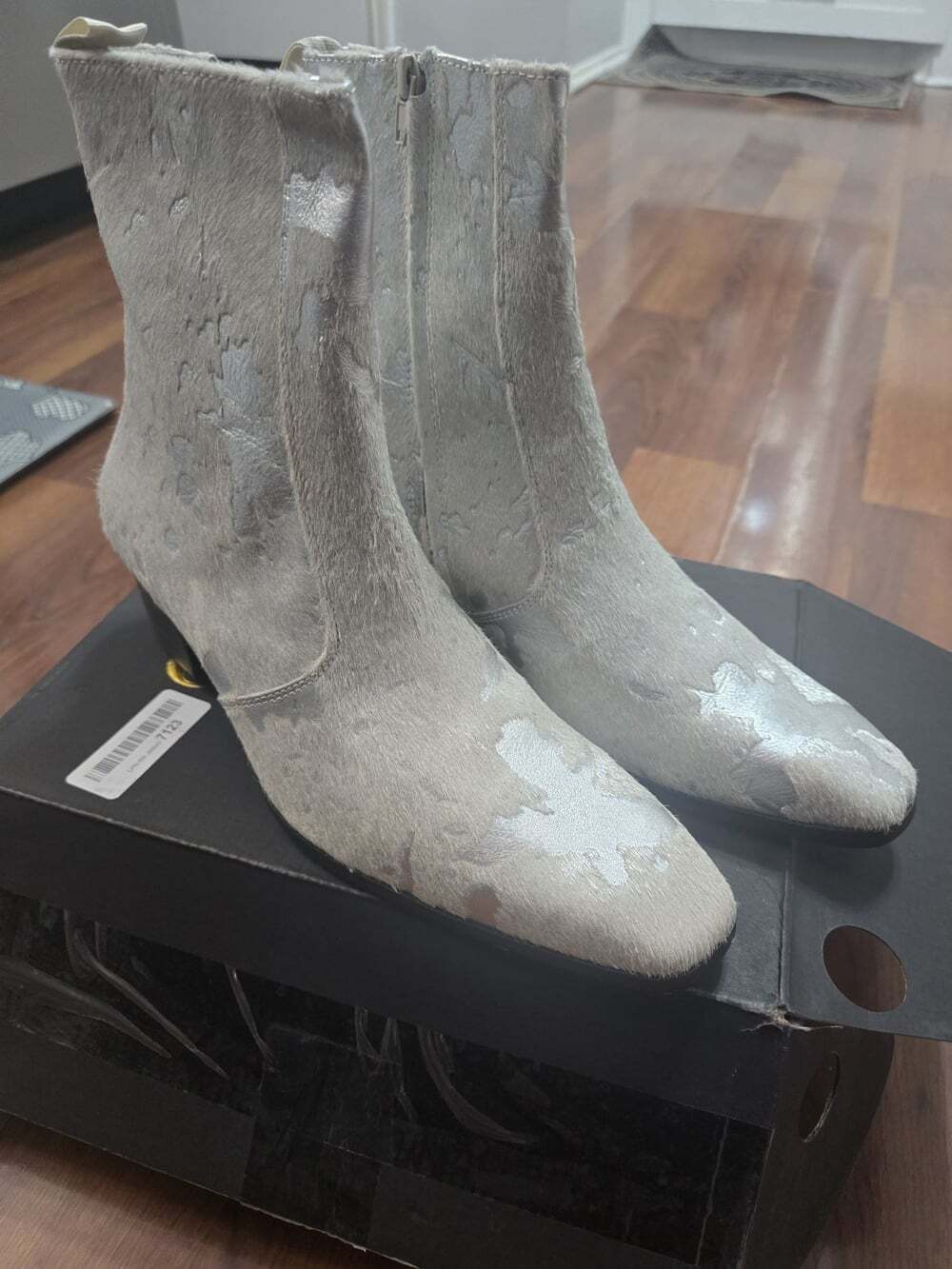 OSSTONE Silver Leather Chelsea Horse Hair Dress Boots Zipper-up MEN Retro READ - Picture 12 of 12